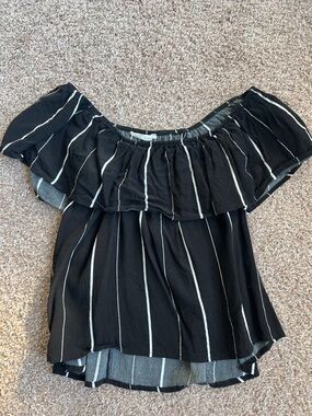 Honey Punch Black & White Off-Shoulder Ruffle Blouse